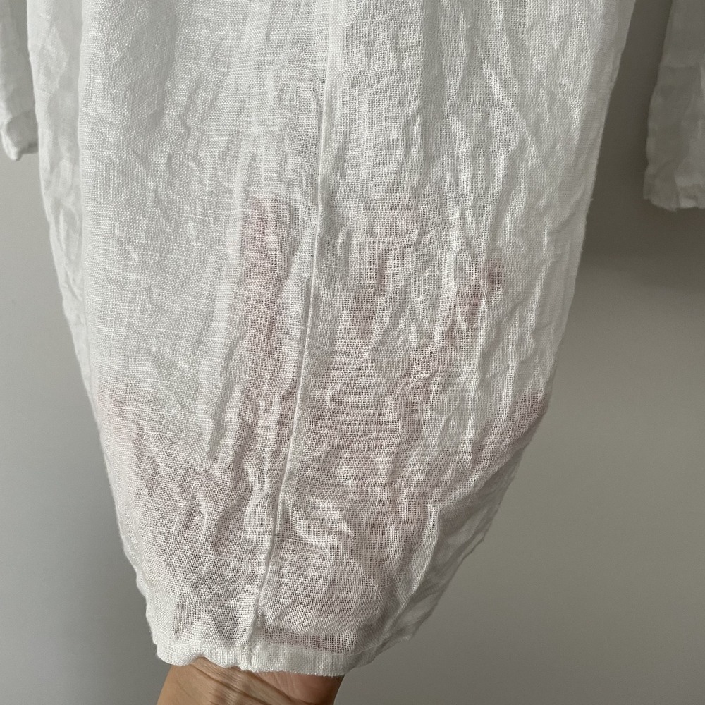 100% Linen Crochet Bell Sleeve Blouse White Sz L Lagenlook Minimalist Boho Italy - Picture 7 of 11
